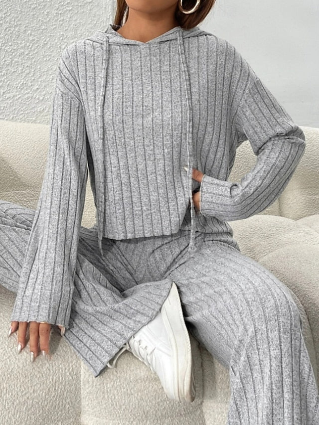 Women's Pants Sets Bolero Top Long Sleeve Hooded Solid
