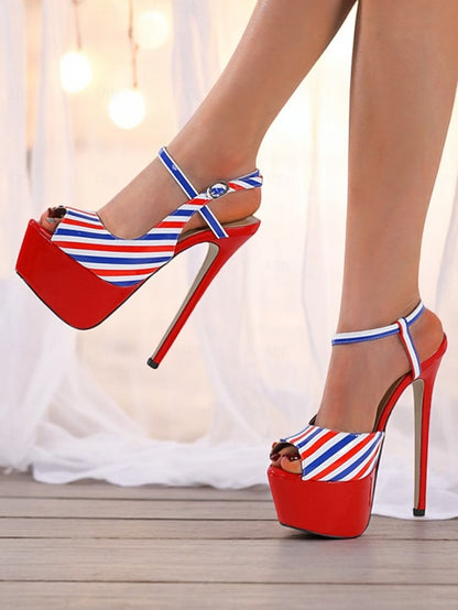 Platform Red White Striped and Blue Stiletto Heels Women's