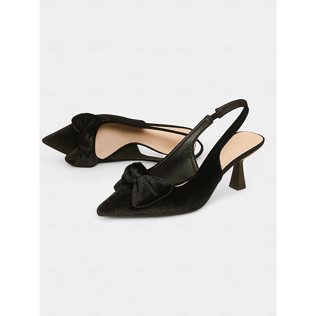 Slingback Women's Velvet Bow Blue with Heels Pointed Toe