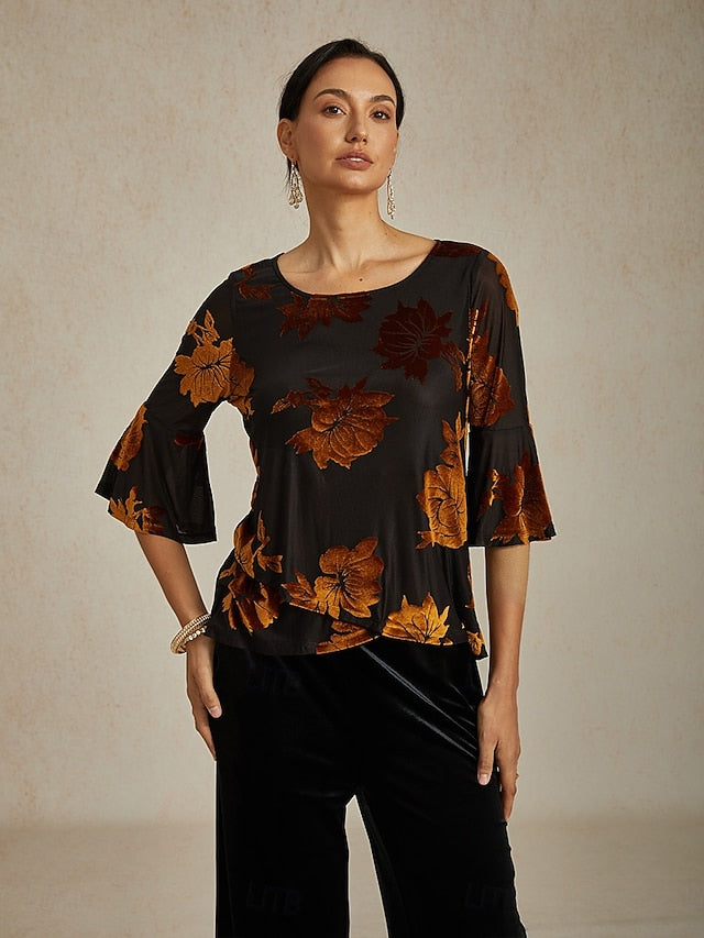 Women's Dressy Tops Floral Elegant Flutter Sleeve Velvet