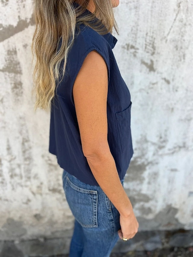 Women's Tank Top Sleeveless Shirt Pocket Buttons Plain