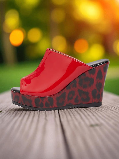 Peep - Leopard Patent Red Leather Sandals Toe Women's Wedge
