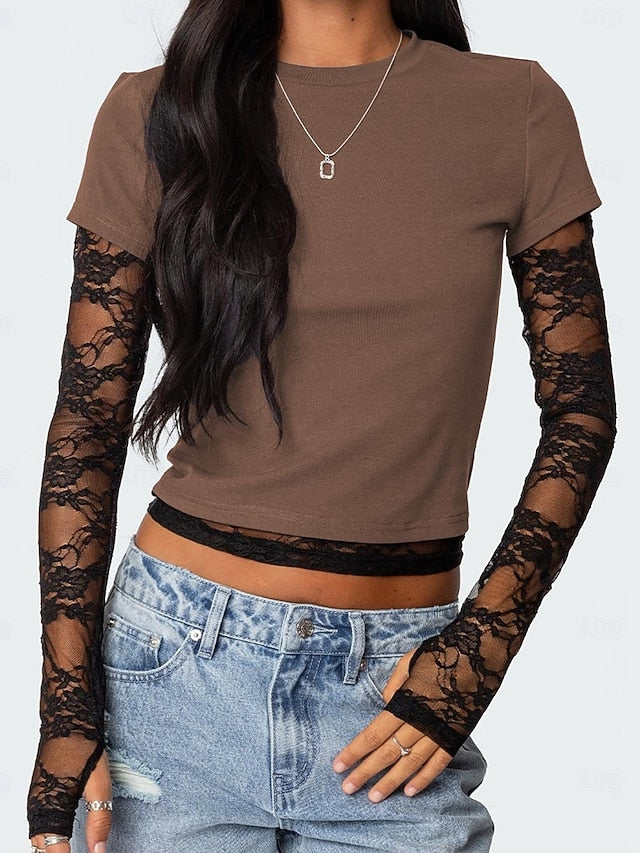 Women's T Shirt Lace Splicing Top Y2K Tunic Mesh Fake two