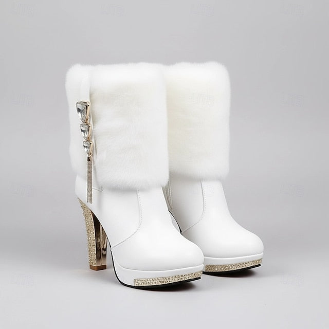 Ankle White Faux Boots - Rhinestone Fur Heels with Women's