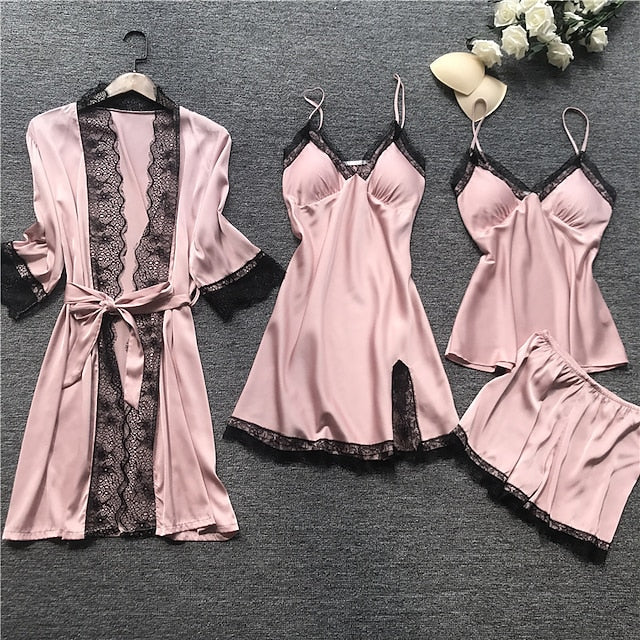 Women's Lace Satin Silk Pajamas Sets 4 Pcs Home Party Daily