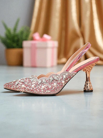 Rhinestone Toe Pointed - Women's Slingback Heels Pink Party