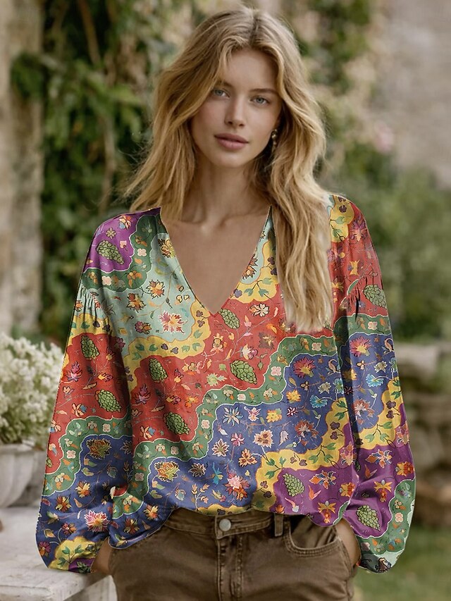 Women's Blouse Patchwork Buttons Print Graphic Geometric