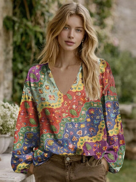 Women's Blouse Patchwork Buttons Print Graphic Geometric