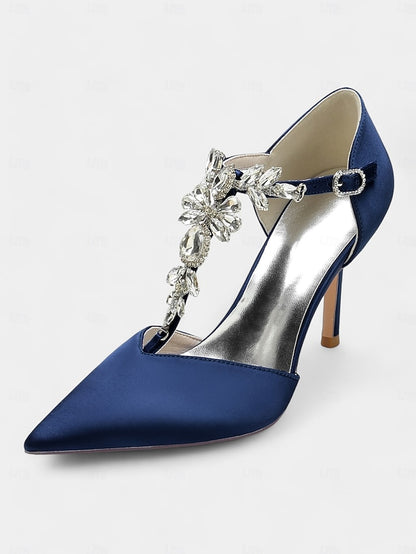 Blue Navy Women's Toe T-Strap Satin – Pointed Heels