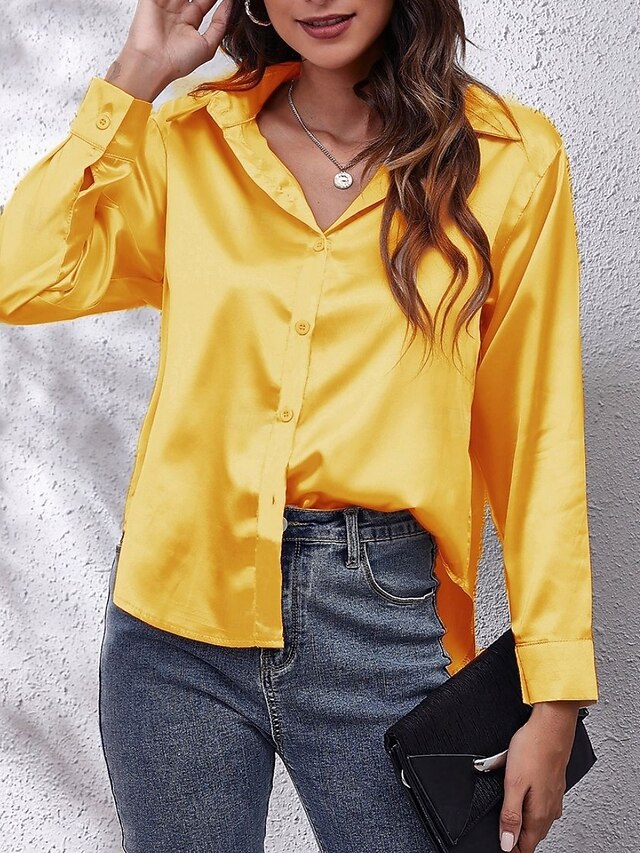 Women's Shirt Elegant Dressy Satin Top Buttons Solid Color