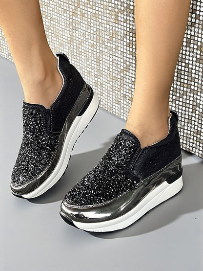 Slip-On Sneakers Women's Glitter with Metallic Black
