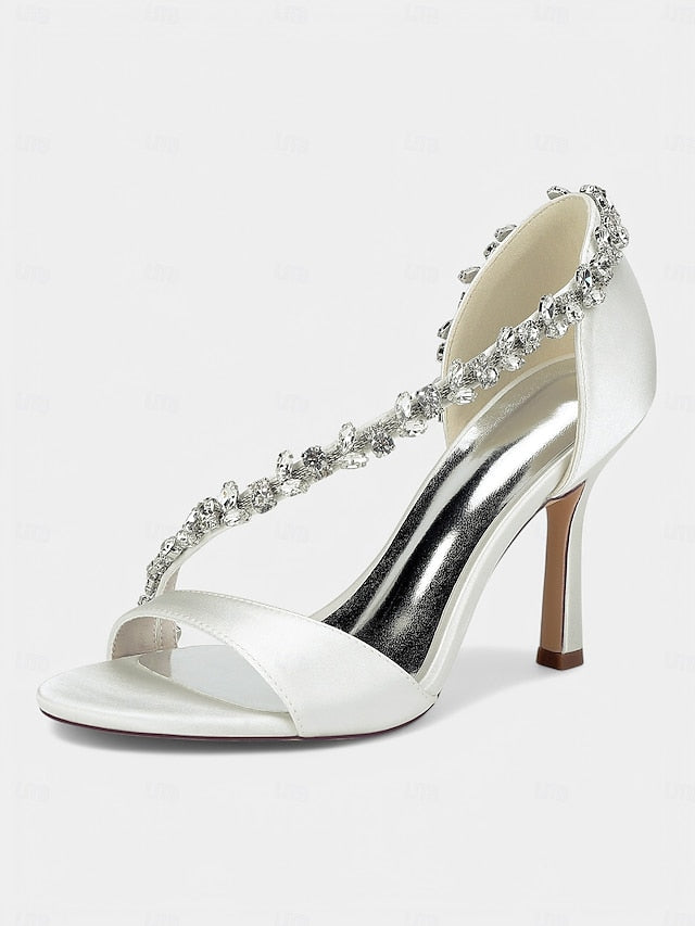 Champagne Crystal Satin High T-Strap Women's Heels with –