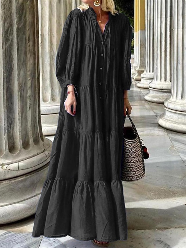 Women's Black Blue Summer Spring Maxi Dress Cotton Linen
