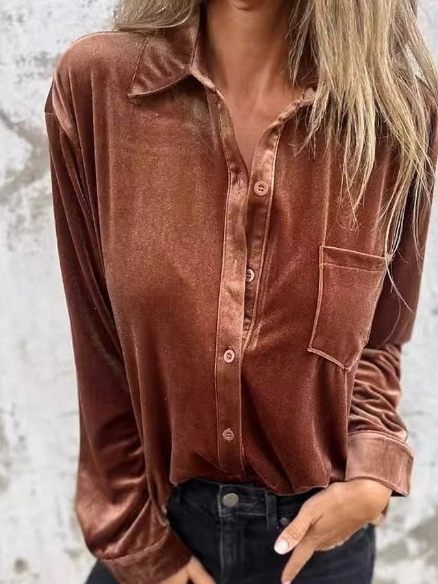 Women's Dress Shirt Button Up Shirt Blouse Velvet Blouse