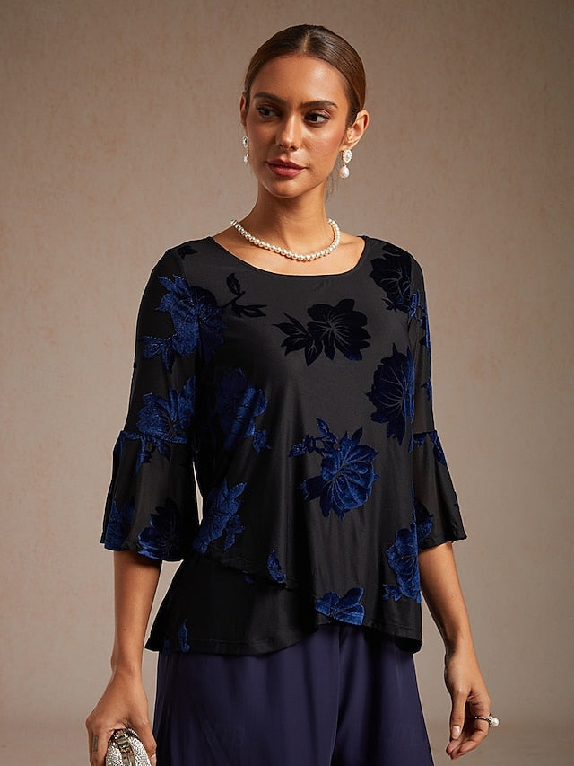 Women's Dressy Tops Floral Elegant Flutter Sleeve Velvet