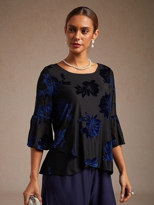 Women's Dressy Tops Floral Elegant Flutter Sleeve Velvet