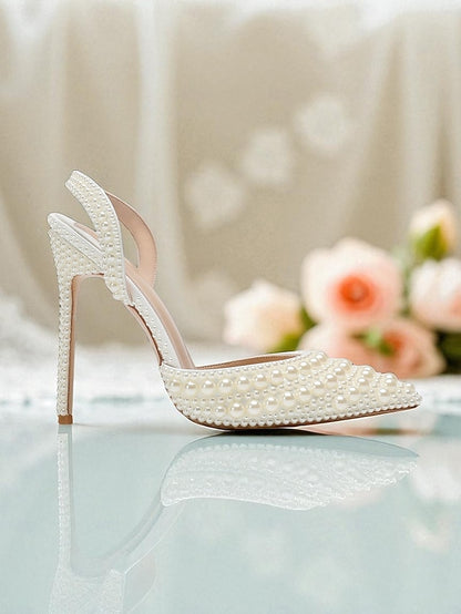 Pearl-Embellished Leather Heels Women's White Slingback -