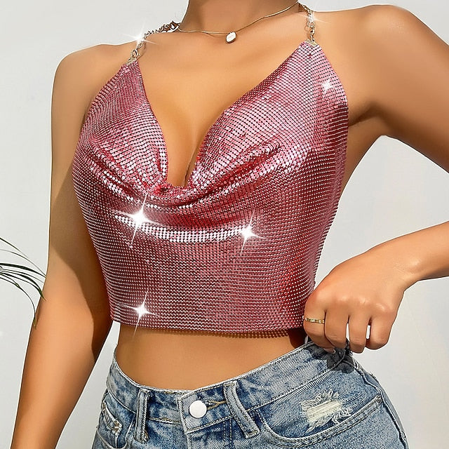 Metallic Chain Camisole Top Sparkle Crop Backless Body Tank