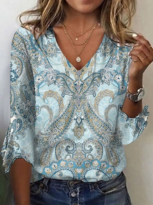 Women's T Shirt Henley Shirt Buttons Print Ombre Floral