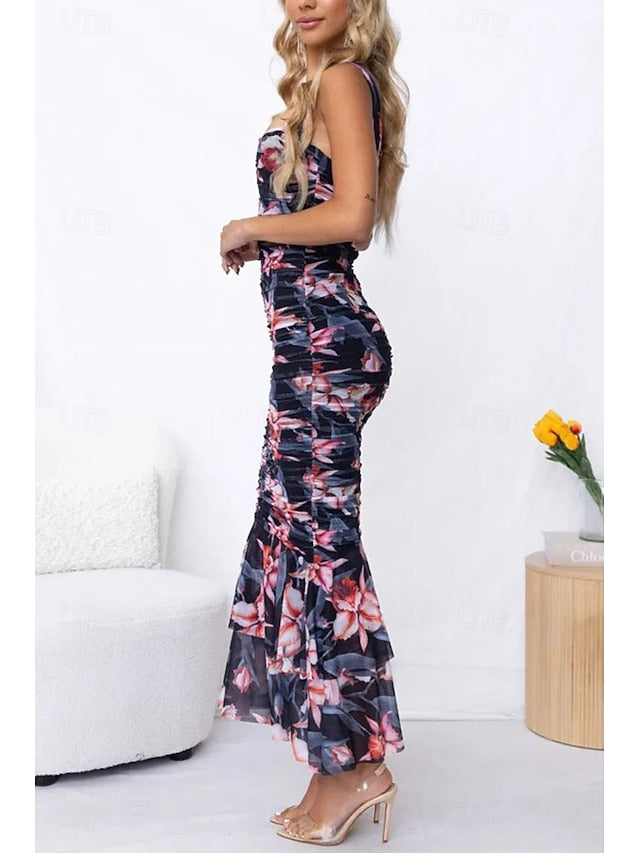Women's Midi Dress Slip Dress Print Dress Ruched Dress
