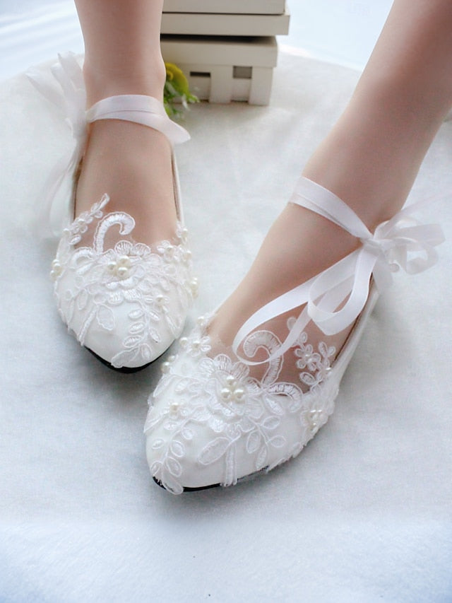 Wedding Ribbon Lace White Shoes - Ties Elegant Bridal Flats with