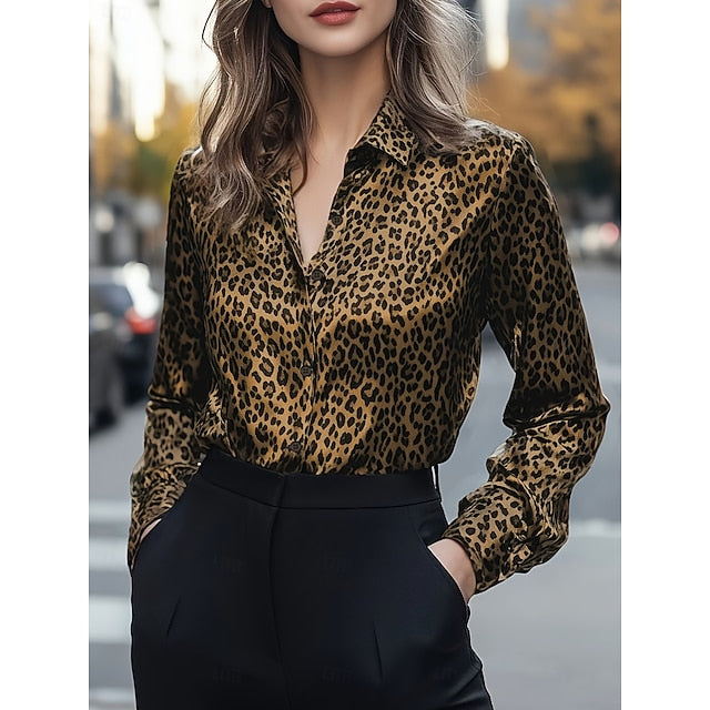 Women's Blouse Buttons Print Leopard Stylish Casual Long