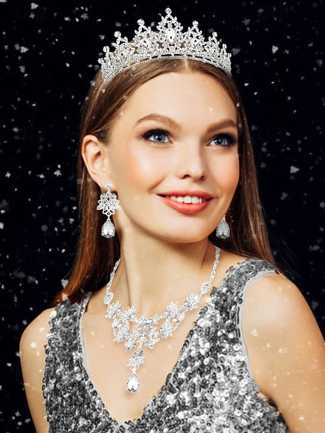 – Women's Set Silver and Jewelry Rhinestone Elegant Tiara