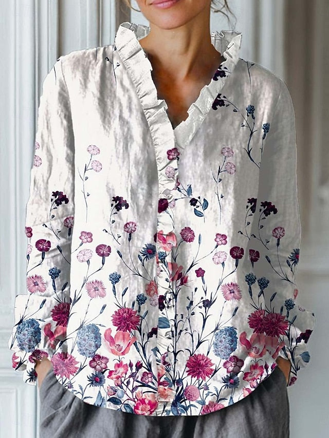 Women's Blouse Ruched Ruffle Floral Graphic Elegant Vintage