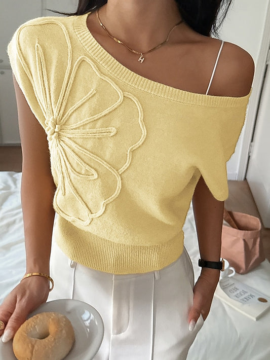 Women's Y2K Knit Tee Elastic Waist 3D Appliques Solid Color