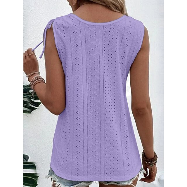 Women's Tank Top Eyelet Buttons Plain Fashion Stylish