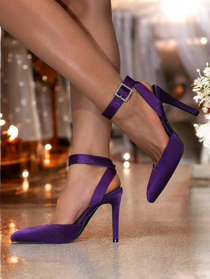 – Strap Purple Satin Ankle Heels Pointed Toe Women's