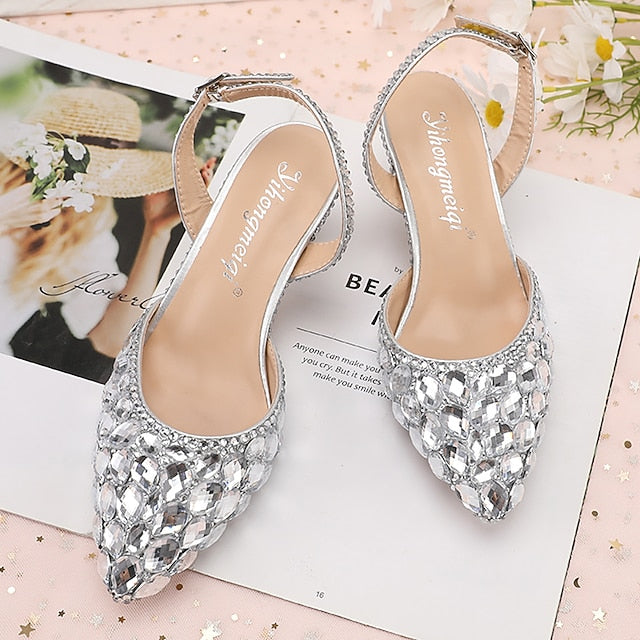 Women's High Crystal Heels Pointed-Toe Rhinestone Slingback