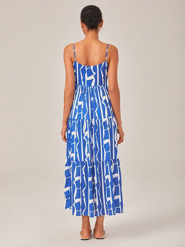 Blue Geometric Pattern Spaghetti Strap Dress