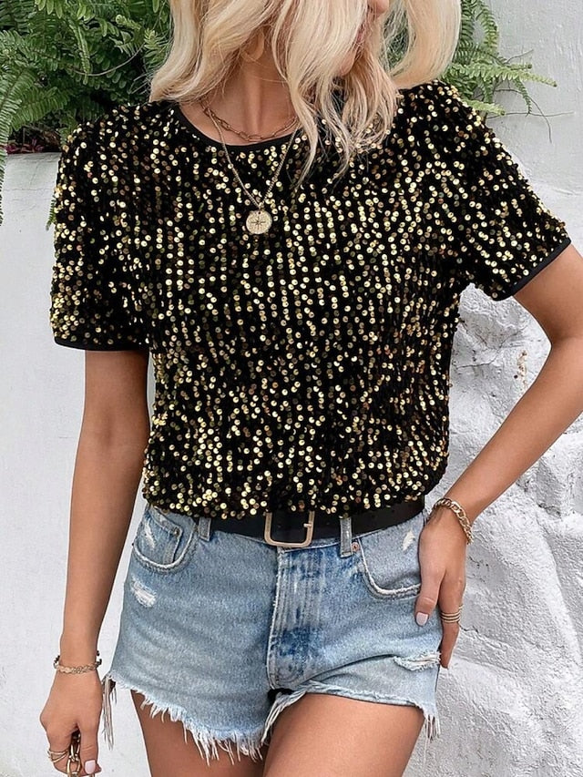 Women's Blouse Sequins Solid Color Stylish Casual Short
