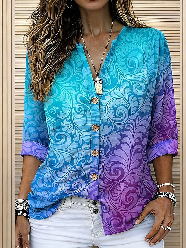 Women's Shirt Tunic Summer Tops Buttons Ombre Graphic