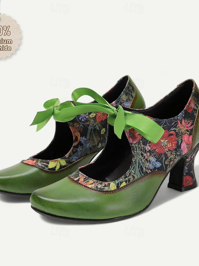 Jane Leather Women's with Floral Green Mary Heels Print