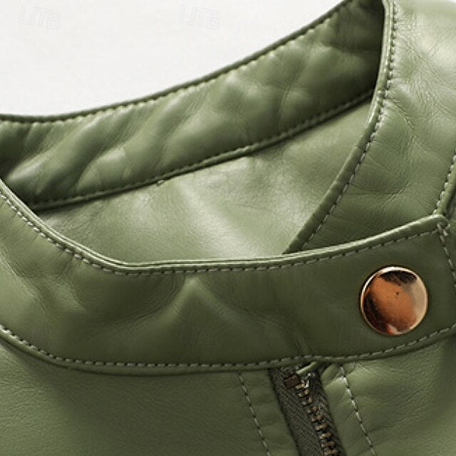 Comfortable Zipper Faux Women's Leather Jacket Pocket