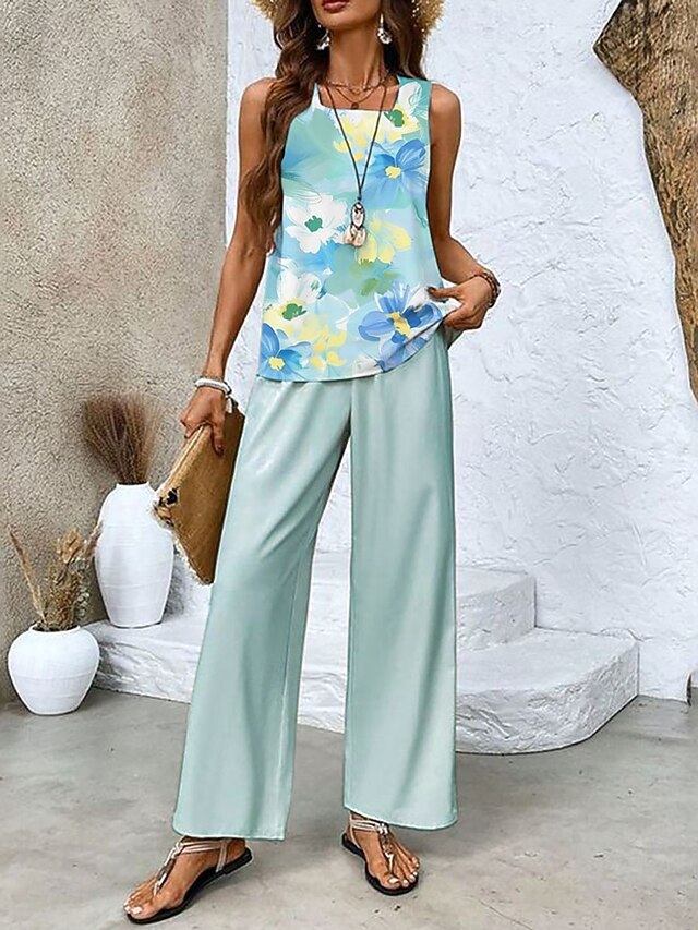 Women's Pants Sets Sleeveless Square Neck Floral Graphic