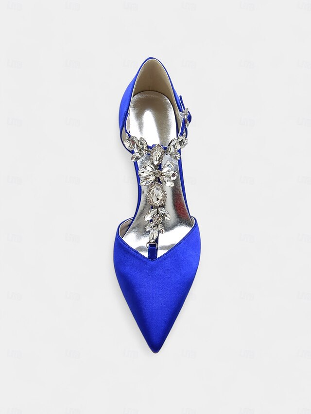 T-Strap – Toe Heels Blue Women's Navy Pointed Satin
