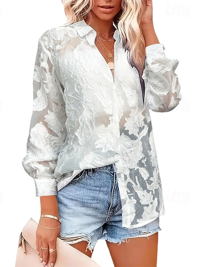 Women's Shirt Dressy Tops Lace Tops Lace Buttons Illusion