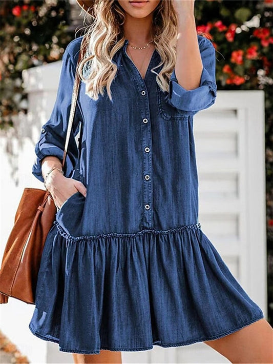 Women's Denim Dress Mini Dress Ruffle Patchwork Casual V