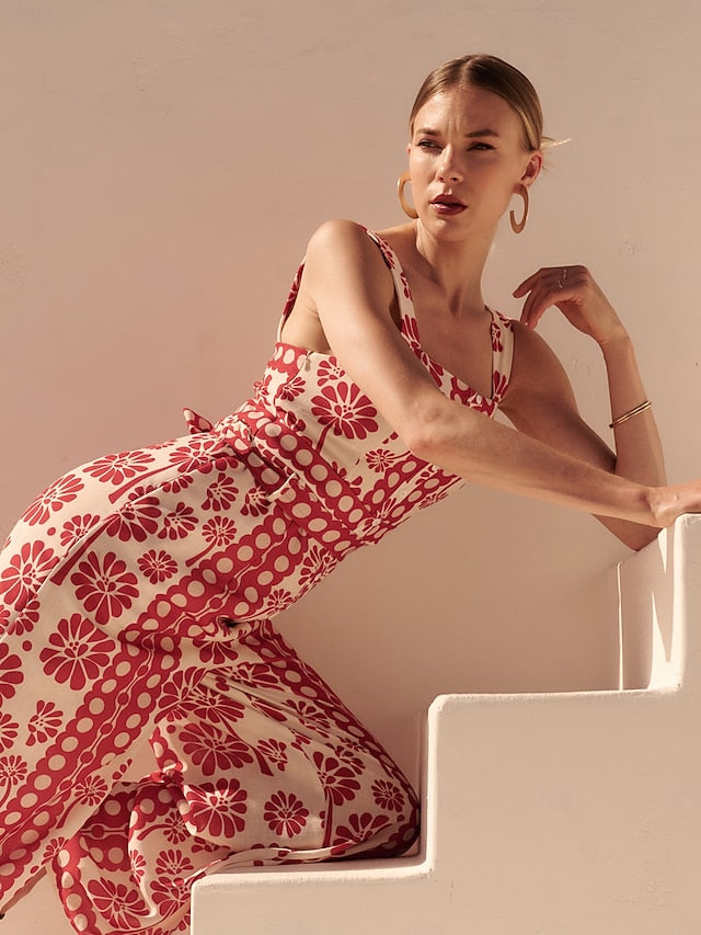 Satin Geometric Floral Print Cami Jumpsuit Vacation