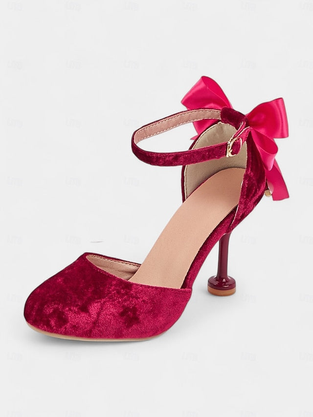 Burgundy Big Velvet with Jane Heels Women's Mary Bow and