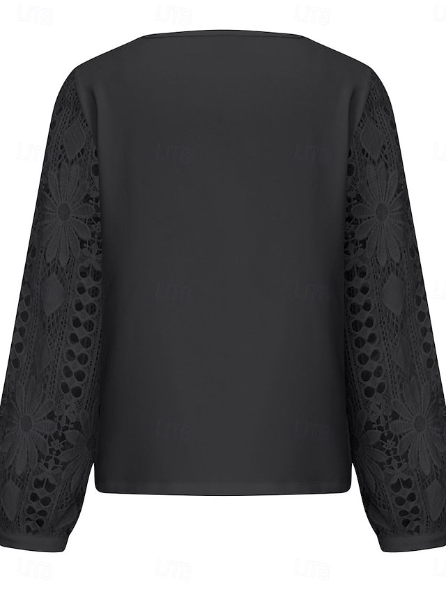 Women's White Elegant Lace Tops Eyelet Blouse Casual Solid