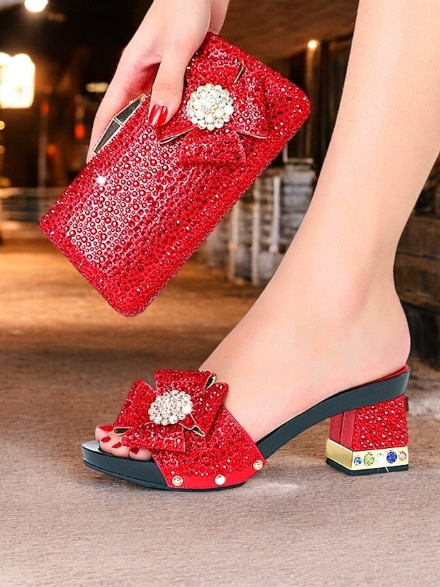 Rhinestone Sparkling High Matching Bow Sandals Clutch with Heel