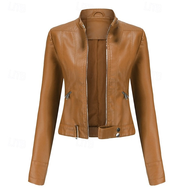 Faux Zipper Jacket Pocket Leather Women's Comfortable