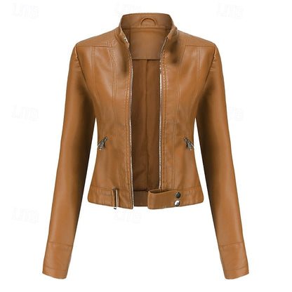 Faux Zipper Jacket Pocket Leather Women's Comfortable