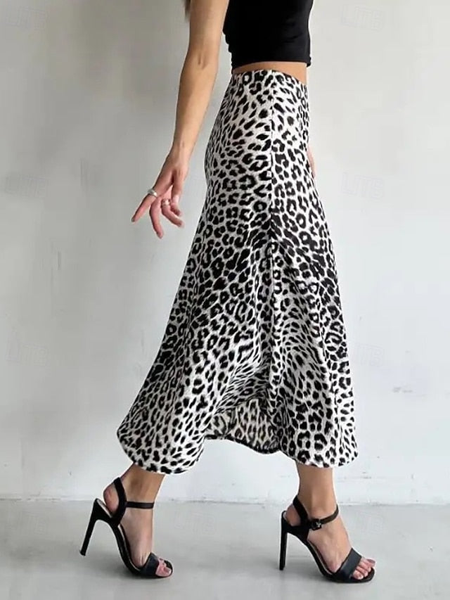 Women's Fashion Sexy Maxi High Waist Skirts Leopard Ruched
