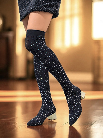 Pointed Black Boots with Women's Rhinestone Over-the-Knee