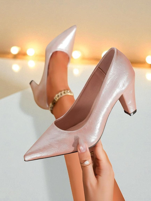 Toe Women's Heel Nude Glossy Party Pointed - Block Pumps
